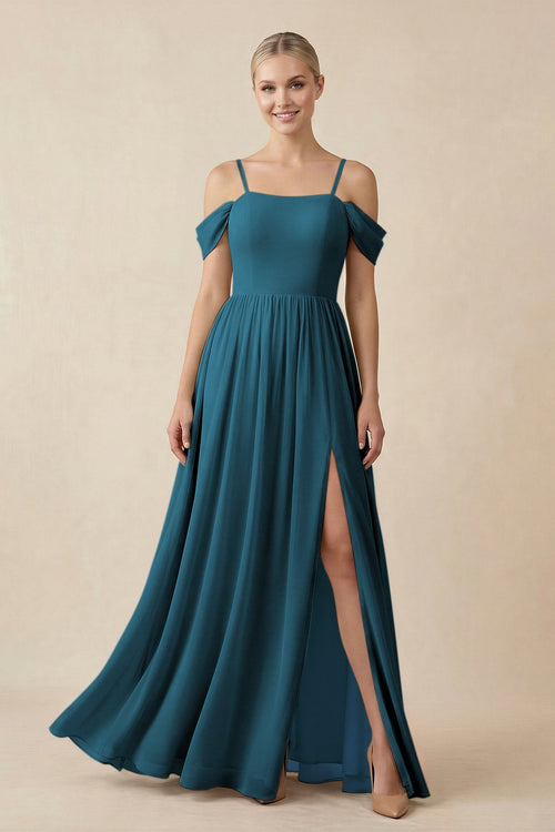 Off - the - Shoulder Sweetheart A - Line Chiffon Bridesmaid Dress in Dark Teal - SHE IS ME Bridesmaid Dresses