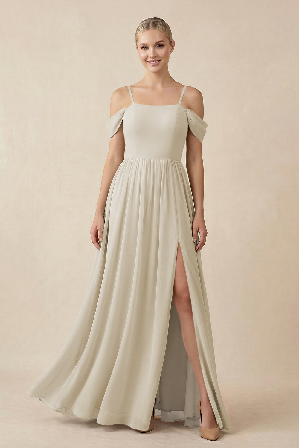 Off - the - Shoulder Sweetheart A - Line Chiffon Bridesmaid Dress in Dove Gray - SHE IS ME Bridesmaid Dresses