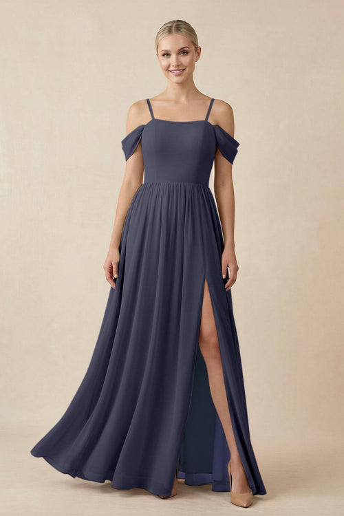 Off - the - Shoulder Sweetheart A - Line Chiffon Bridesmaid Dress in Dusk Blue - SHE IS ME Bridesmaid Dresses