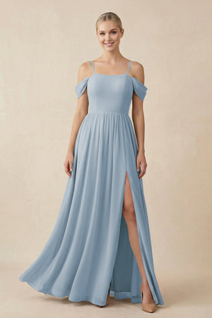 Off - the - Shoulder Sweetheart A - Line Chiffon Bridesmaid Dress in Dusty Blue - SHE IS ME Bridesmaid Dresses