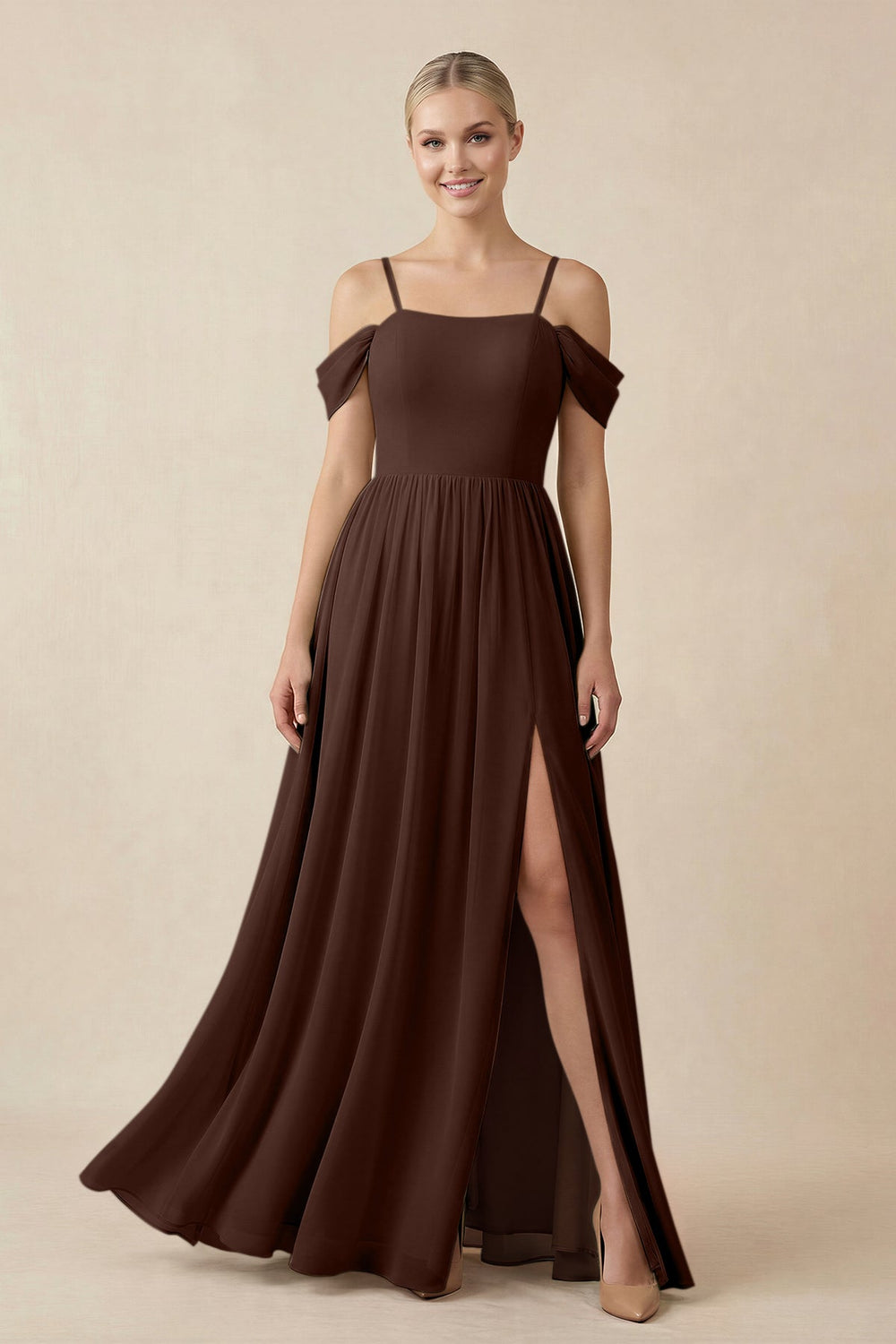 Off - the - Shoulder Sweetheart A - Line Chiffon Bridesmaid Dress in Espresso - SHE IS ME Bridesmaid Dresses