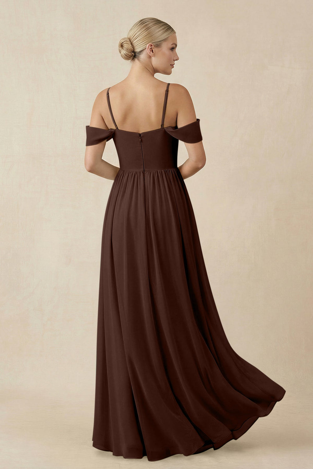 Off - the - Shoulder Sweetheart A - Line Chiffon Bridesmaid Dress in Espresso - SHE IS ME Bridesmaid Dresses