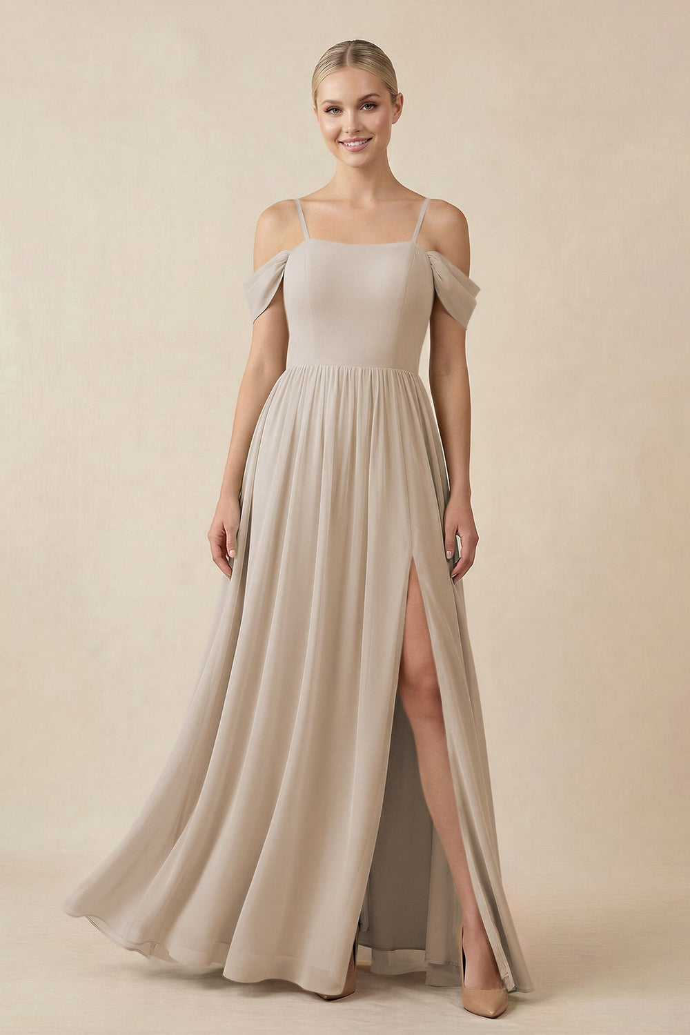 Off - the - Shoulder Sweetheart A - Line Chiffon Bridesmaid Dress in Frost - SHE IS ME Bridesmaid Dresses