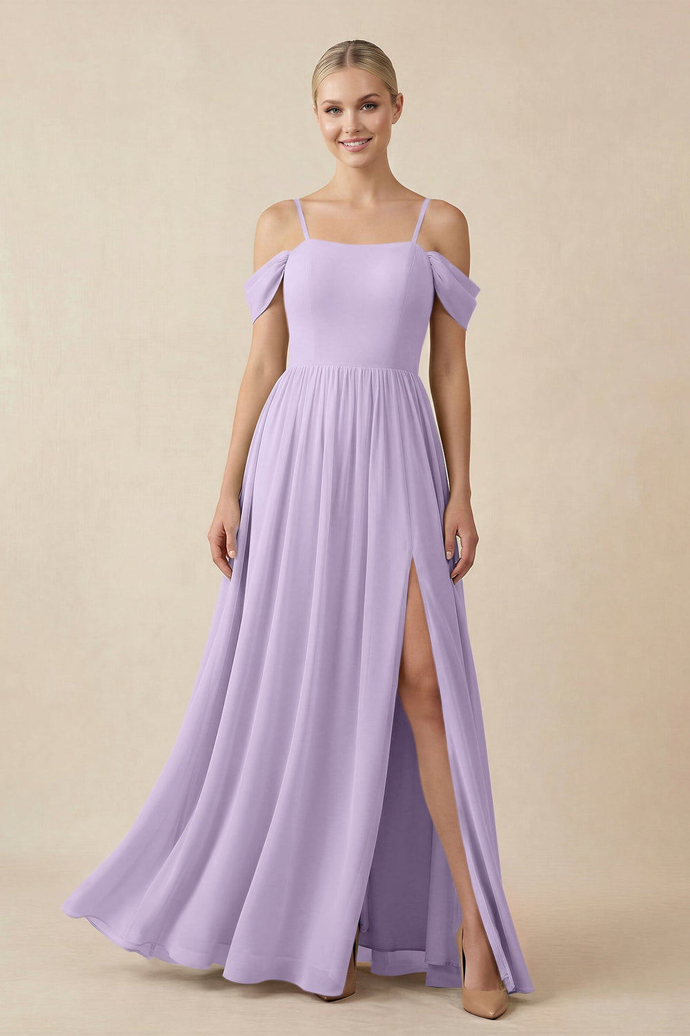 Off - the - Shoulder Sweetheart A - Line Chiffon Bridesmaid Dress in Lavender - SHE IS ME Bridesmaid Dresses