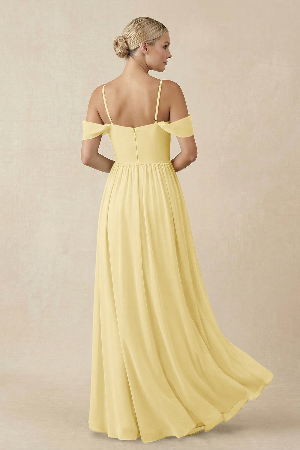 Off - the - Shoulder Sweetheart A - Line Chiffon Bridesmaid Dress in Paste Yellow - SHE IS ME Bridesmaid Dresses