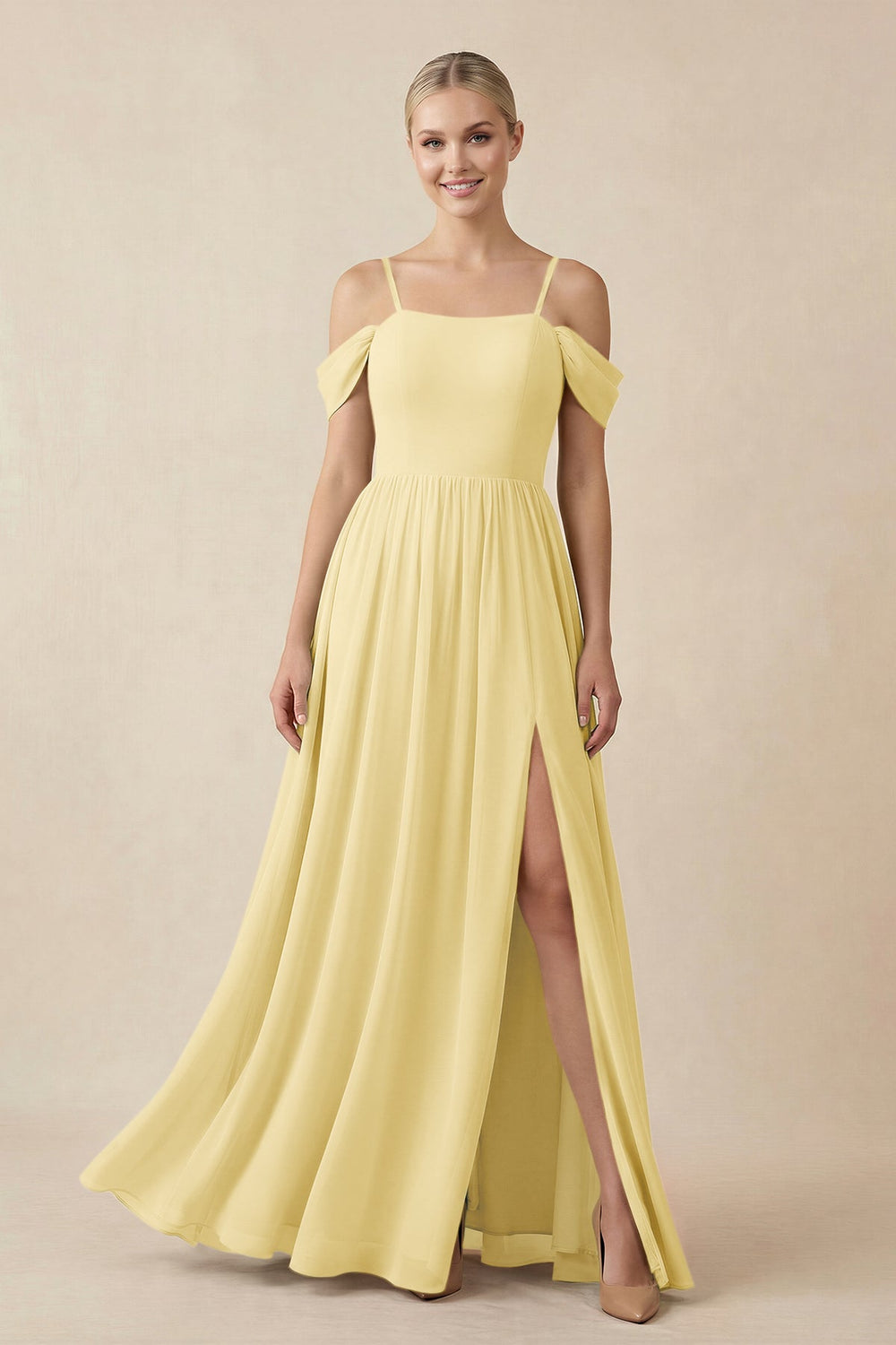 Off - the - Shoulder Sweetheart A - Line Chiffon Bridesmaid Dress in Paste Yellow - SHE IS ME Bridesmaid Dresses