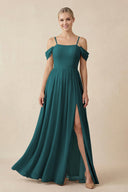 Off - the - Shoulder Sweetheart A - Line Chiffon Bridesmaid Dress in Pine - SHE IS ME Bridesmaid Dresses