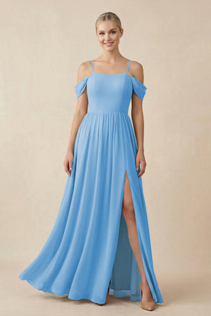 Off - the - Shoulder Sweetheart A - Line Chiffon Bridesmaid Dress in Steel Blue - SHE IS ME Bridesmaid Dresses