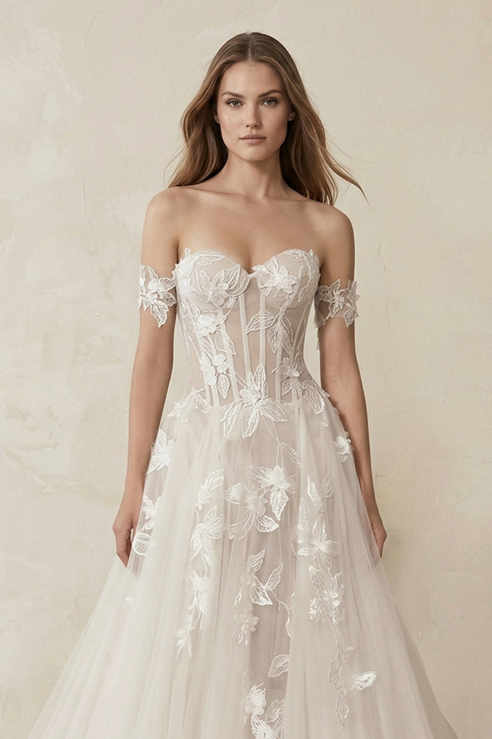 Off - the - Shoulder Tulle A - Line Corset Appliqued Wedding Dress in Ivory - SHE IS ME Wedding Dresses