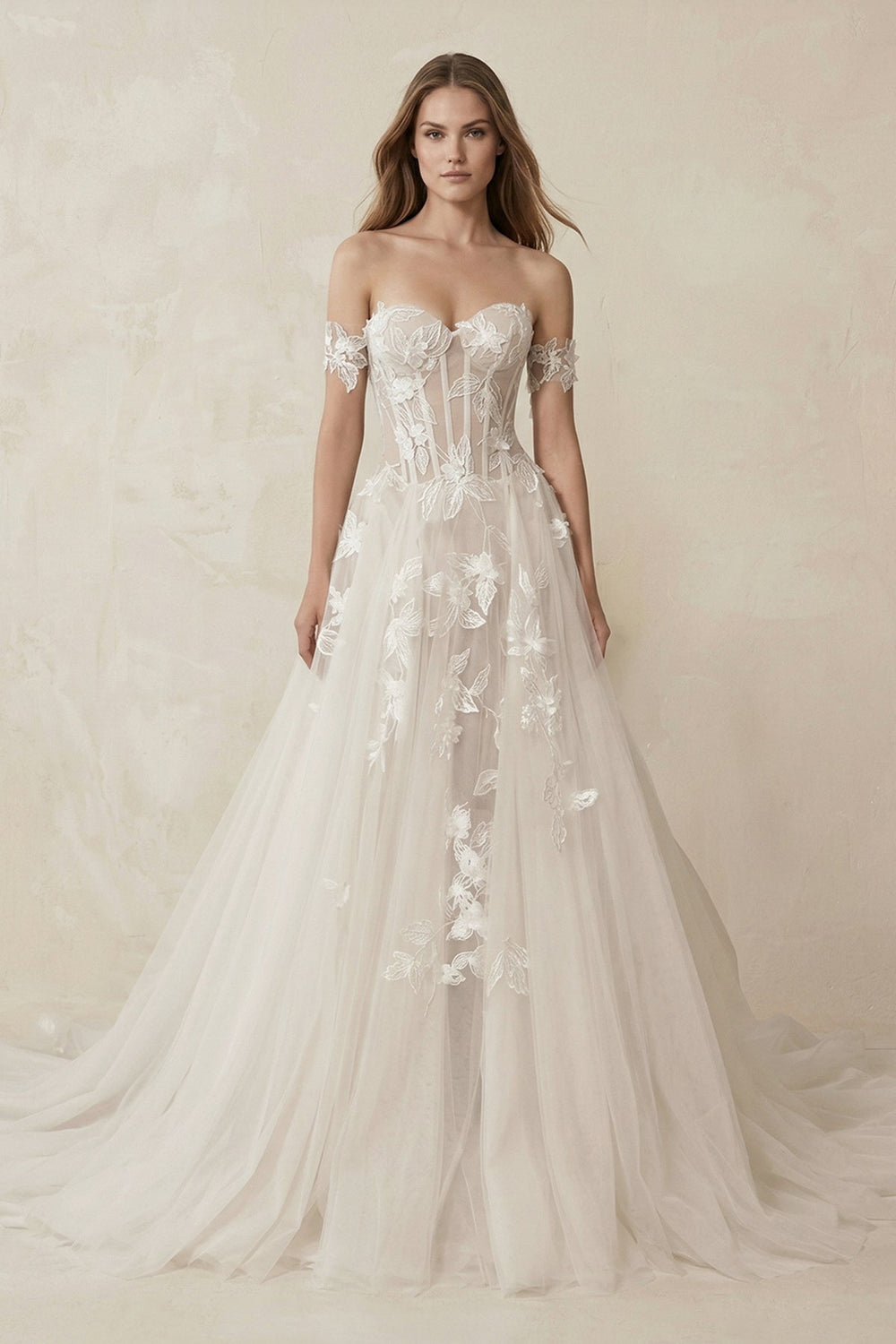 Off - the - Shoulder Tulle A - Line Corset Appliqued Wedding Dress in Ivory - SHE IS ME Wedding Dresses
