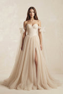 Off - the - Shoulder Tulle A - Line Wedding Dress in Champagne - SHE IS ME Wedding Dresses
