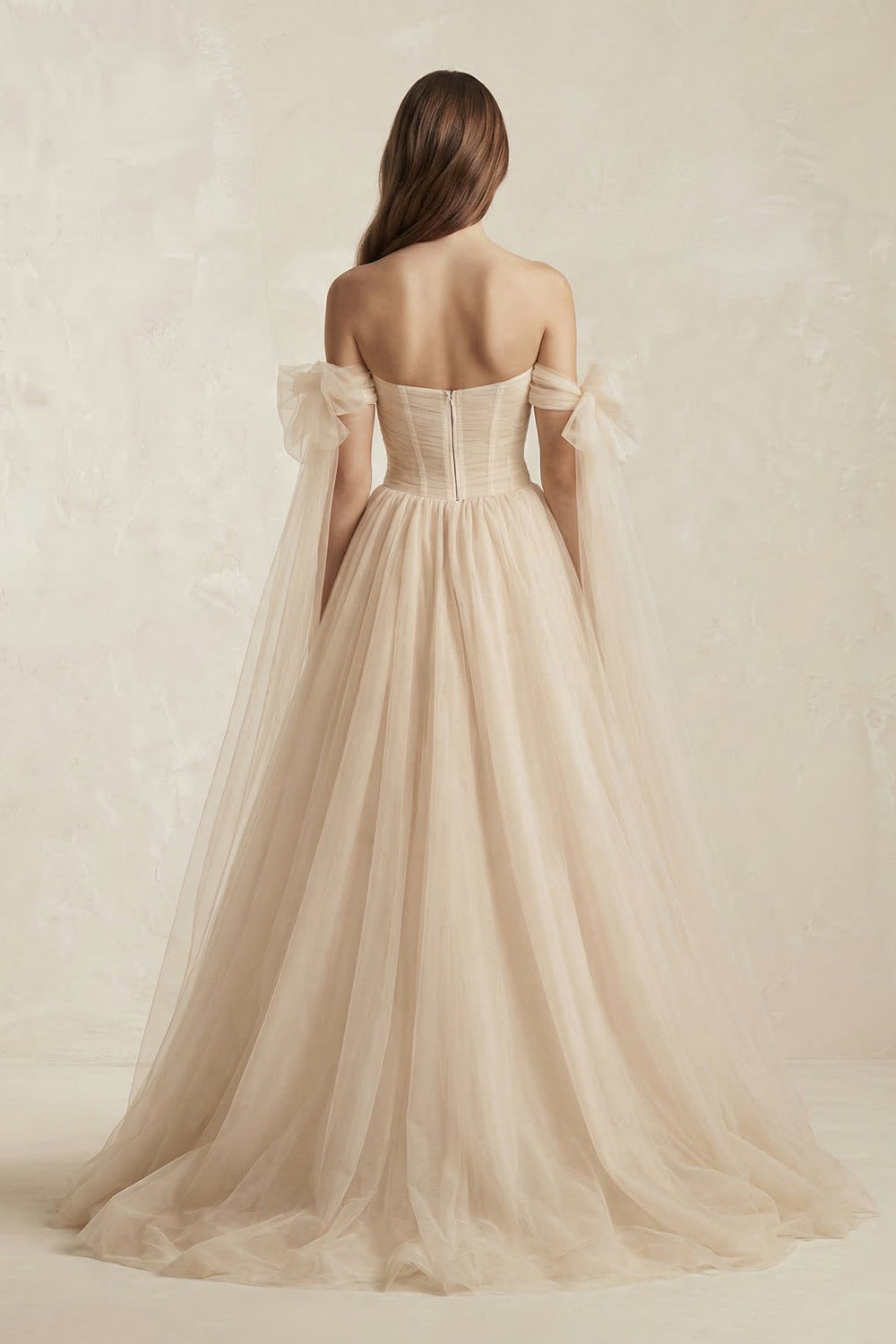 Off - the - Shoulder Tulle A - Line Wedding Dress in Champagne - SHE IS ME Wedding Dresses