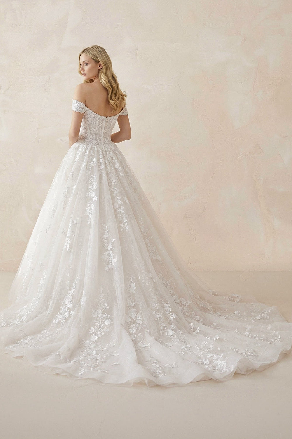 Off - the - Shoulder Tulle Appliqued Wedding Gown in White - SHE IS ME Wedding Dresses