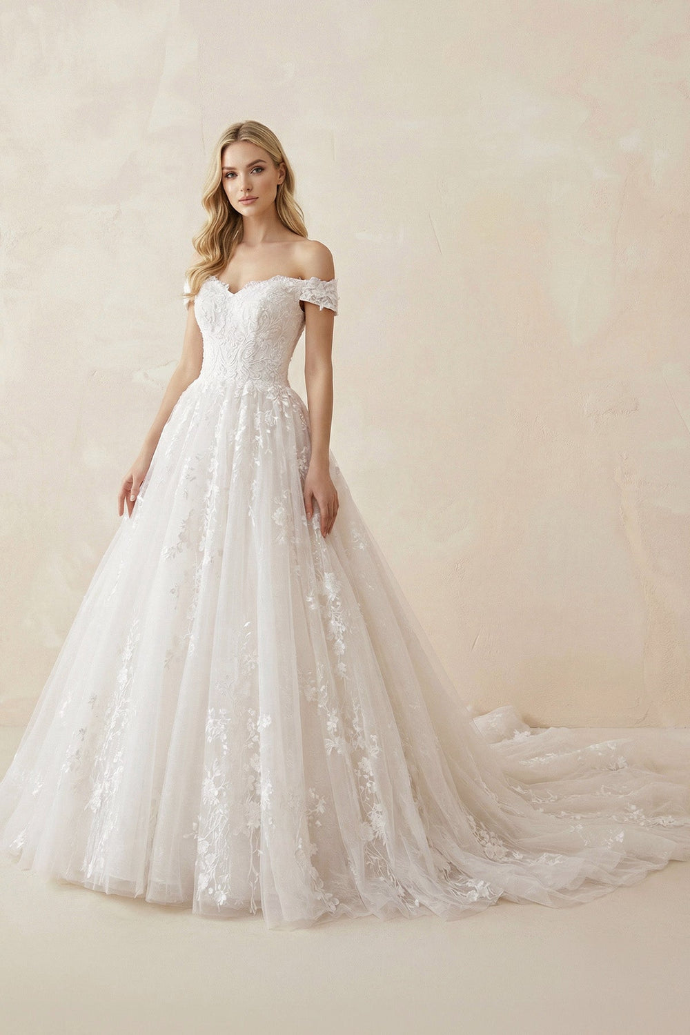 Off - the - Shoulder Tulle Appliqued Wedding Gown in White - SHE IS ME Wedding Dresses