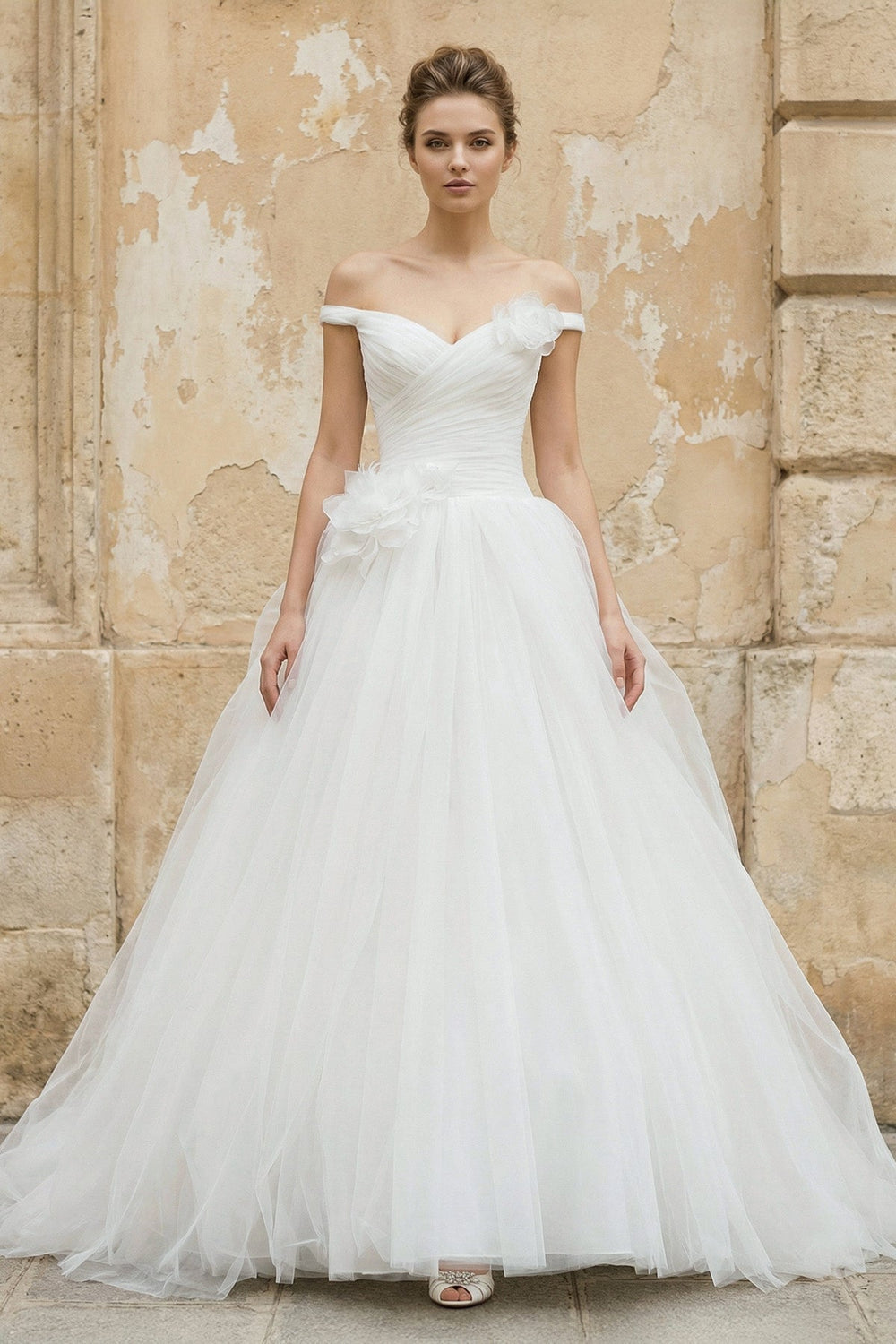 Off The Shoulder Tulle Ball Gown With Floral in White - SHE IS ME Wedding Dresses