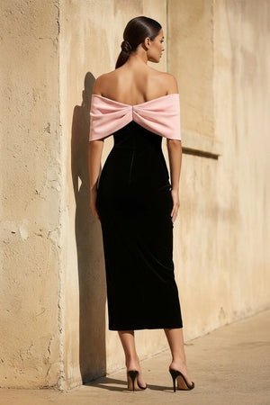 Off The Shoulder Velvet Midi Dress With Bow in Black and Pink - SHE IS ME