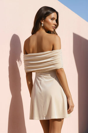Off The Shoulder Velvet Mini Dress in Champagne - SHE IS ME