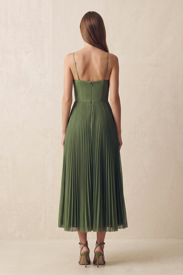 Olive Spaghetti Straps Pleated A-Line Tulle Midi Wedding Guest Dress (2) | KISSBRIDAL