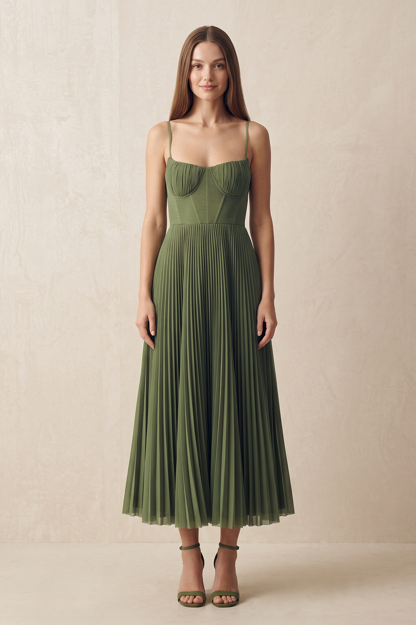 Pleated Spaghetti Straps Corset Wedding Guest Dress in Olive