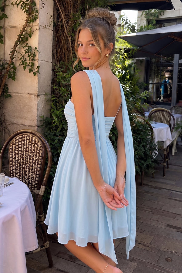 Blue A Line Strapless Chiffon Homecoming Dresses With Scarf - SHEISME