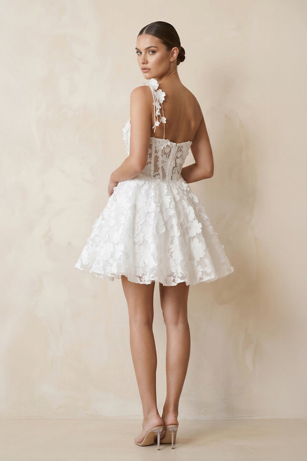 One - Shoulder A - Line Apliqued Mini Wedding Dress in White - SHE IS ME Wedding Dresses
