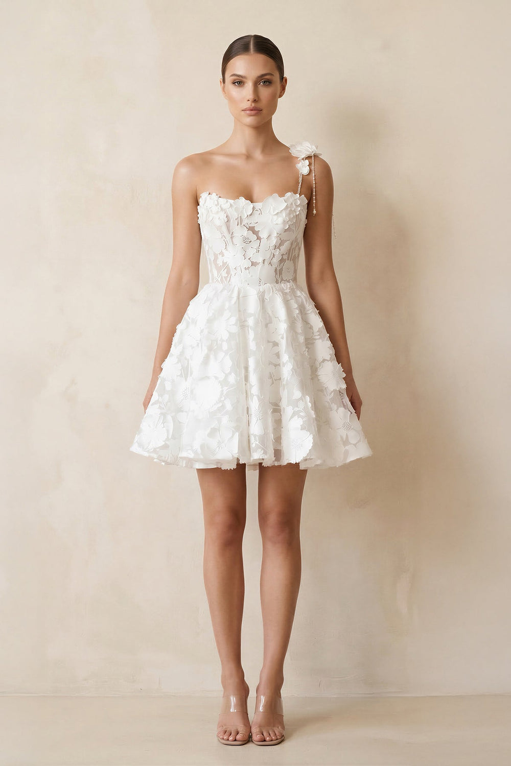 One - Shoulder A - Line Apliqued Mini Wedding Dress in White - SHE IS ME Wedding Dresses