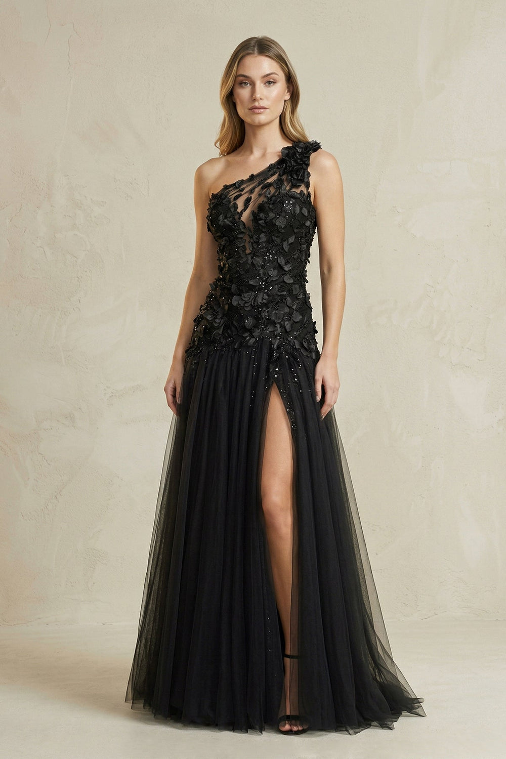 One - Shoulder A - Line Appliqued Tulle Wedding Dress With Slit in Black - SHE IS ME Wedding Dresses