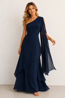 One-Shoulder A-Line Chiffon Ruffled Maxi Dress in Navy– SHE IS ME Dresses
