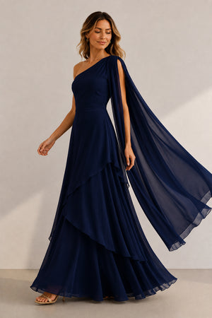 One-Shoulder A-Line Chiffon Ruffled Maxi Dress in Navy– SHE IS ME Dresses