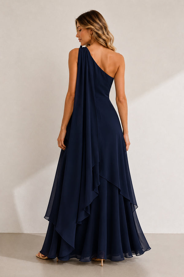 One-Shoulder A-Line Chiffon Ruffled Maxi Dress in Navy– SHE IS ME Dresses