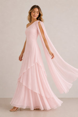 One-Shoulder A-Line Chiffon Ruffled Maxi Dress in Pink– SHE IS ME Dresses