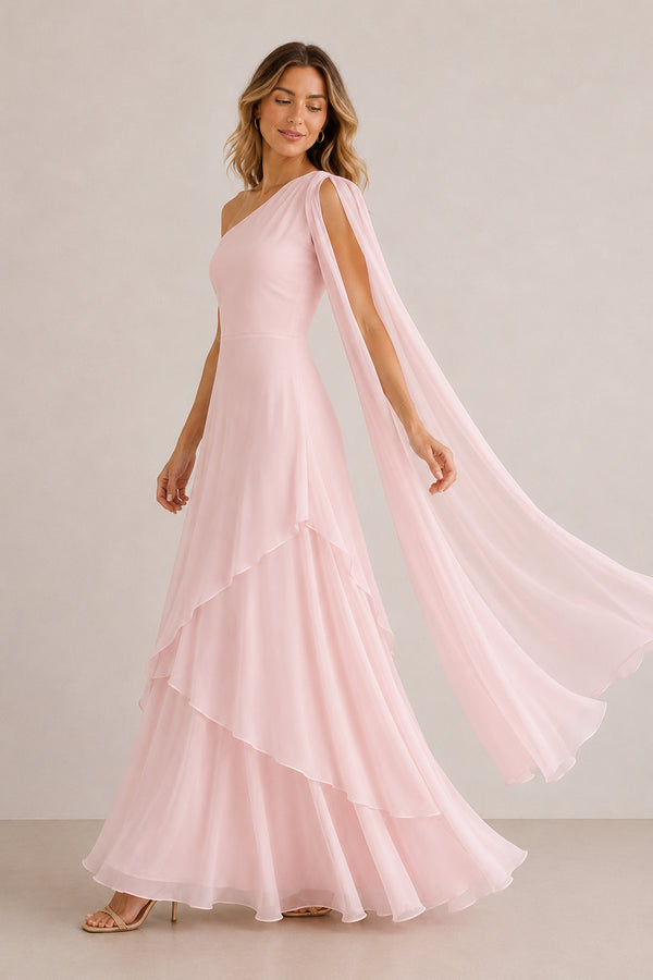 One-Shoulder A-Line Chiffon Ruffled Maxi Dress in Pink– SHE IS ME Dresses