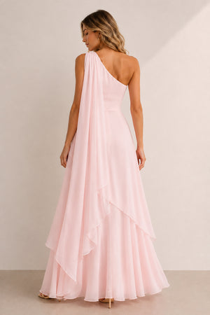 One-Shoulder A-Line Chiffon Ruffled Maxi Dress in Pink– SHE IS ME Dresses