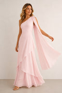 One-Shoulder A-Line Chiffon Ruffled Maxi Dress in Pink– SHE IS ME Dresses