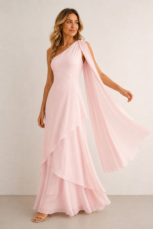 One-Shoulder A-Line Chiffon Ruffled Maxi Dress in Pink– SHE IS ME Dresses
