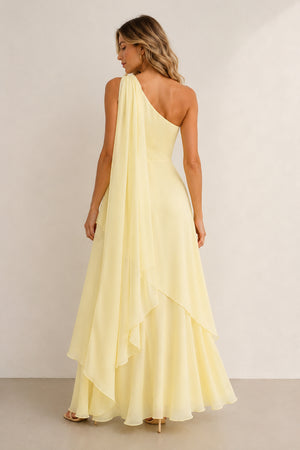 One-Shoulder A-Line Chiffon Ruffled Maxi Dress in Yellow– SHE IS ME Dresses