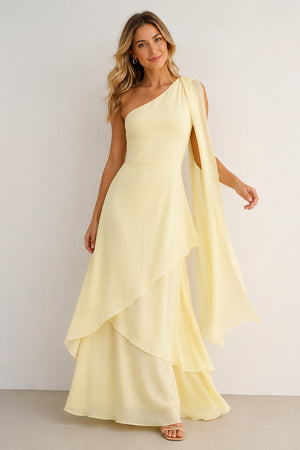 One-Shoulder A-Line Chiffon Ruffled Maxi Dress in Yellow– SHE IS ME Dresses