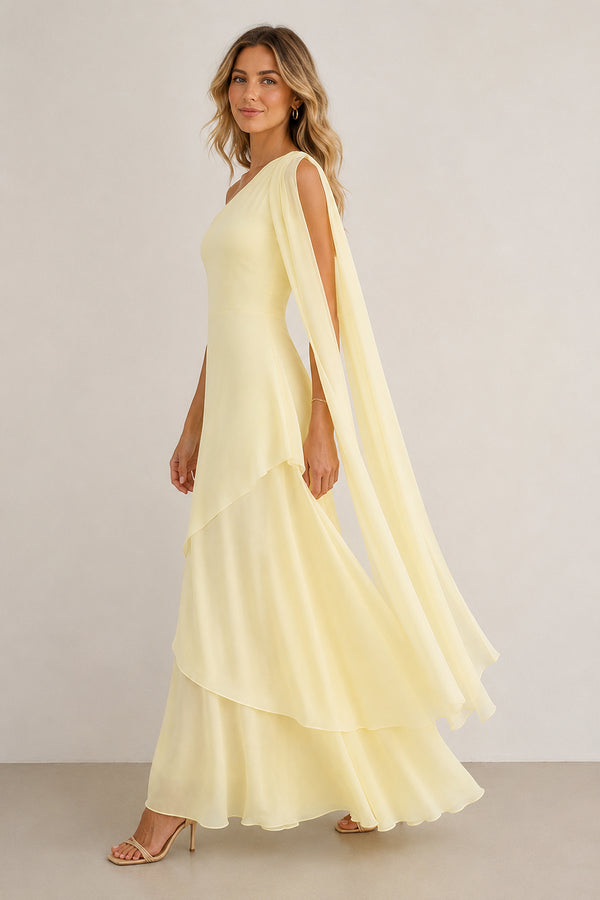 One-Shoulder A-Line Chiffon Ruffled Maxi Dress in Yellow– SHE IS ME Dresses