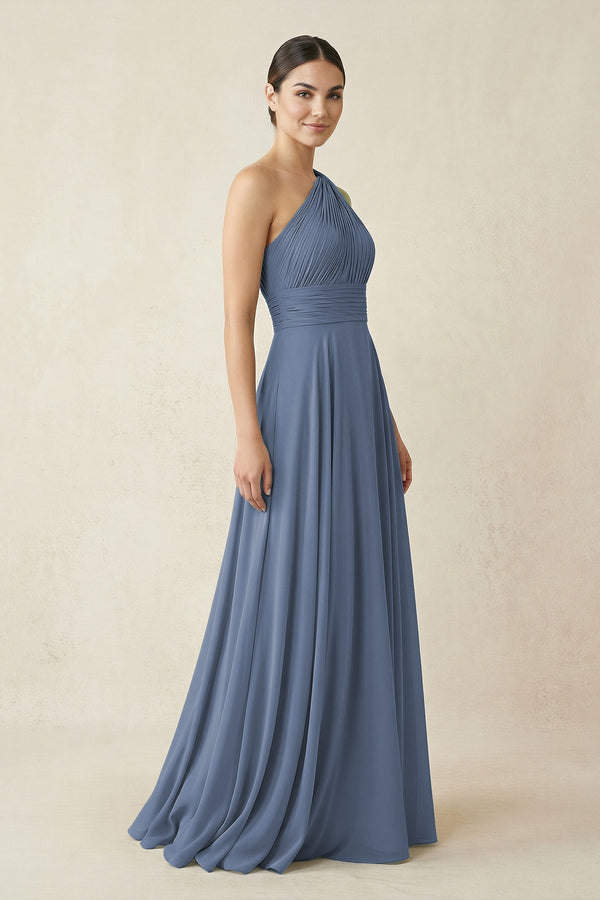 One - Shoulder A - Line Pleated Chiffon Bridesmaid Dress in Neptune - SHE IS ME Bridesmaid Dresses