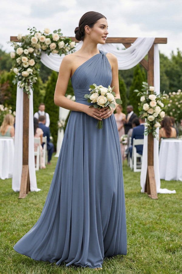 One - Shoulder A - Line Pleated Chiffon Bridesmaid Dress in Neptune - SHE IS ME Bridesmaid Dresses