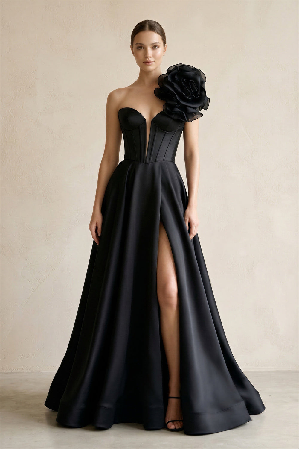 One - Shoulder A - Line Satin 3D Flower Corset Wedding Dress in Black - SHE IS ME Wedding Dresses