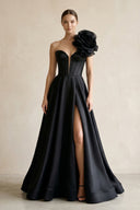 One - Shoulder A - Line Satin 3D Flower Corset Wedding Dress in Black - SHE IS ME Wedding Dresses