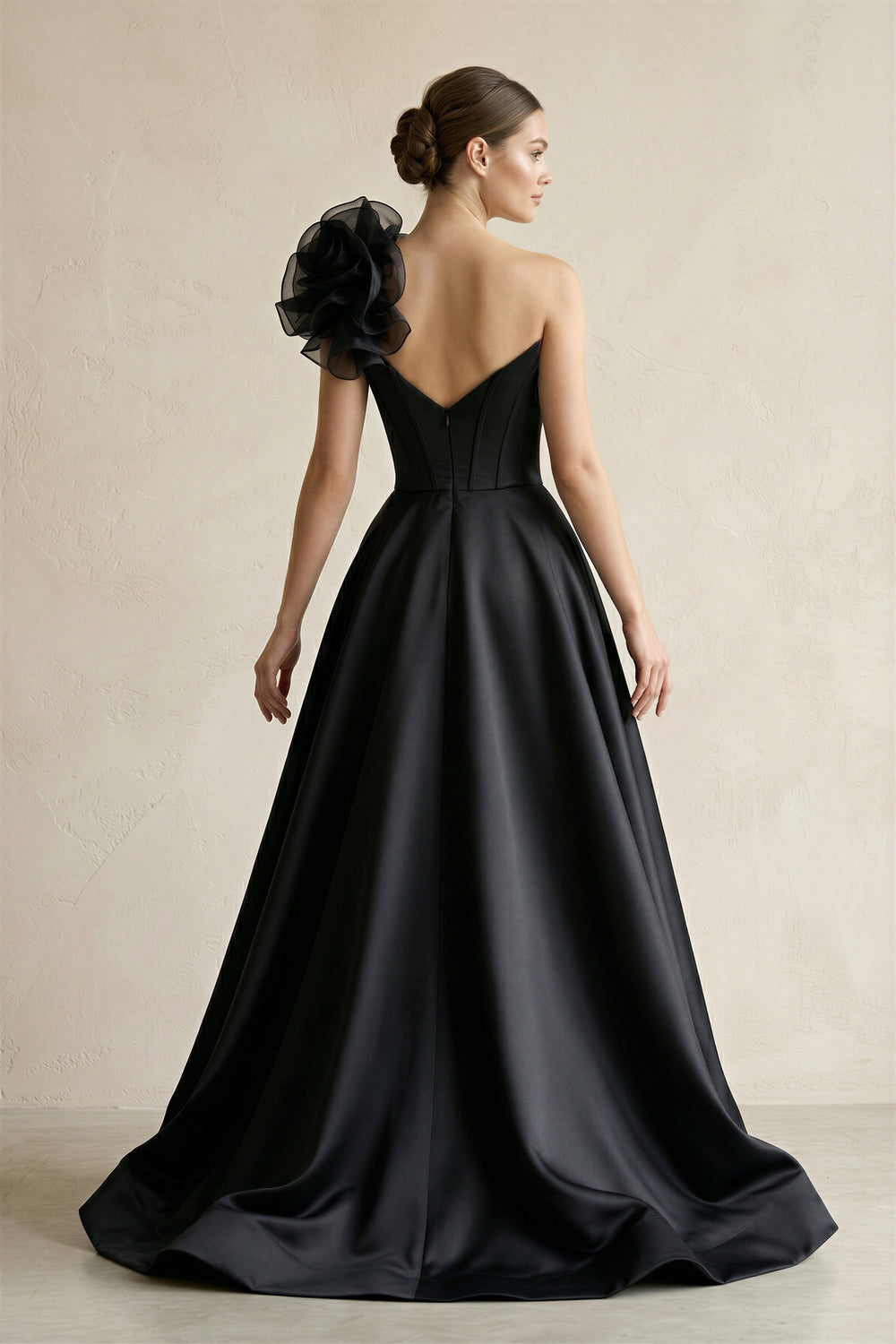 One - Shoulder A - Line Satin 3D Flower Corset Wedding Dress in Black - SHE IS ME Wedding Dresses