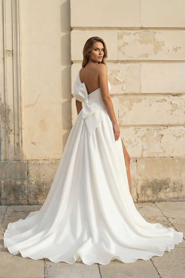One Shoulder A Line Satin Wedding Dress With Bow - SHE IS ME Wedding Dresses