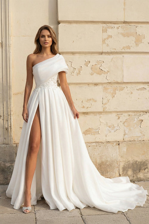 One Shoulder A Line Satin Wedding Dress With Bow - SHE IS ME Wedding Dresses