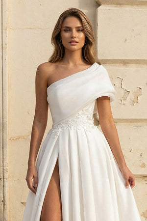 One Shoulder A Line Satin Wedding Dress With Bow - SHE IS ME Wedding Dresses
