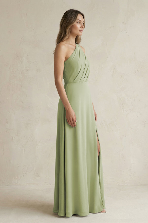 One-Shoulder Chiffon A-Line Bridesmaid Dress With Slit in Moss Green - SHE IS ME BRIDESMAID DRESSES