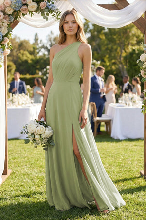 One-Shoulder Chiffon A-Line Bridesmaid Dress With Slit in Moss Green - SHE IS ME BRIDESMAID DRESSES