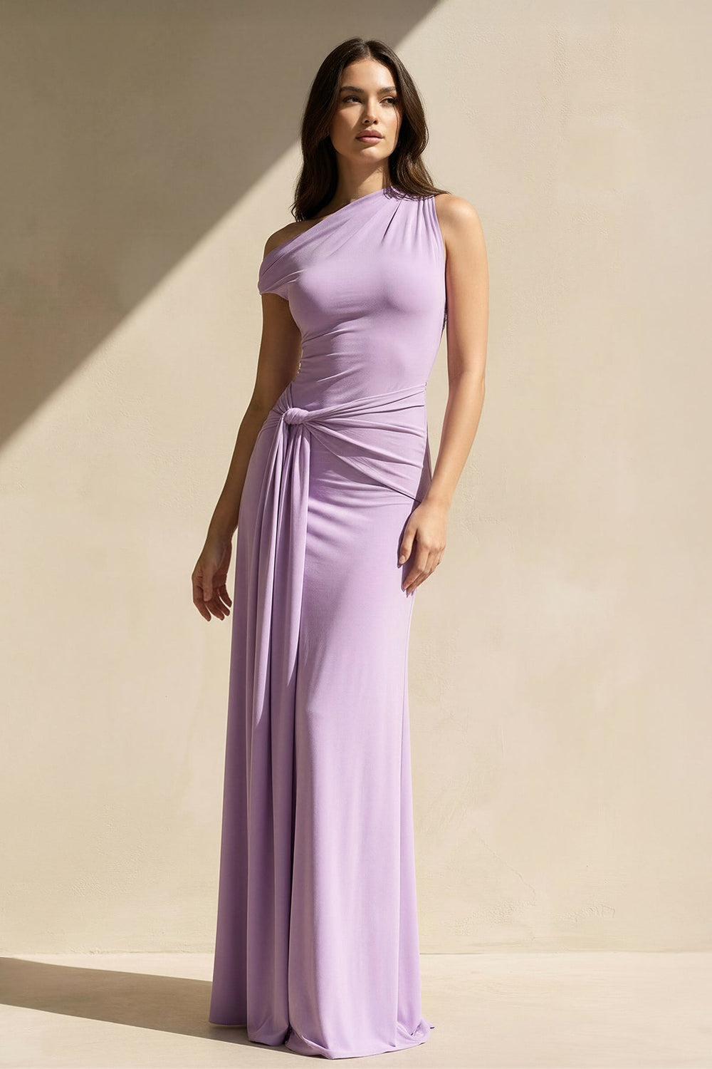 One Shoulder Draped Maxi Dress in Lavender - SHE IS ME PROM DRESSES