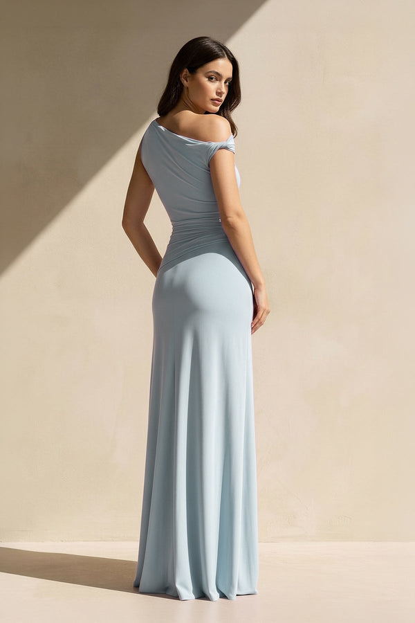 One Shoulder Draped Maxi Dress in Sky Blue - SHE IS ME PROM DRESSES